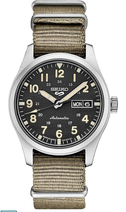 Seiko-horlosie, Swart Wysplaat, 41-uur Kragreserwe, Vlekvrye Staal Kas, Nylonband, Waterbestand