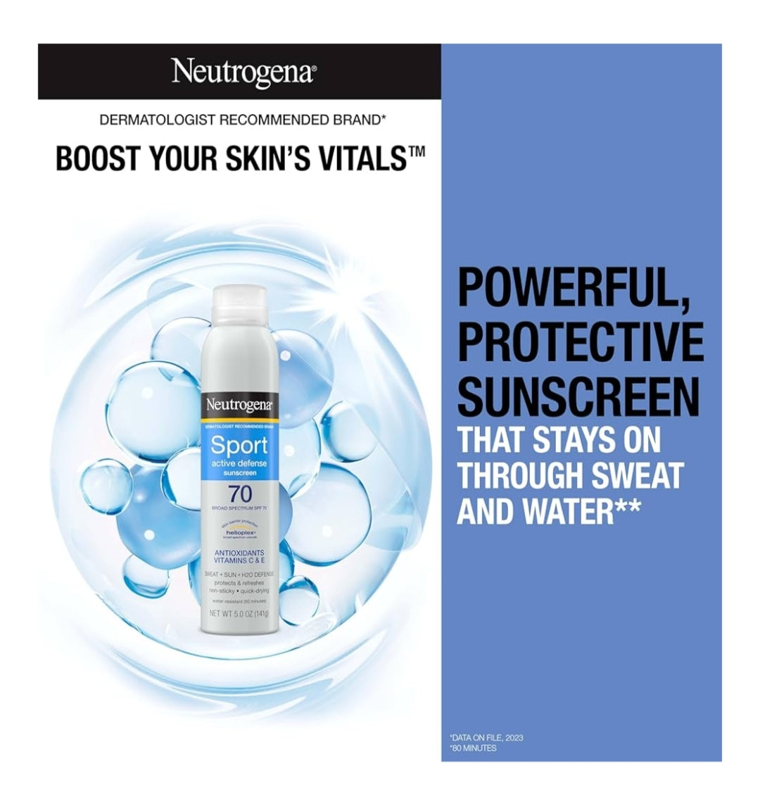 Neutrogena Sport Active Defense SPF 70 Sonbeskermingssproei, Sweet- en Waterbestand Oksibensoonvry, Dubbelpak (5 oz)