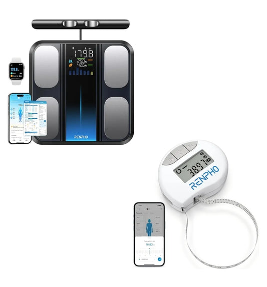 Bundle Digital Bathroom Scale with BMI Body Fat Muscle Mass, Body Composition Analyzer and Smart Body Measuring Tape