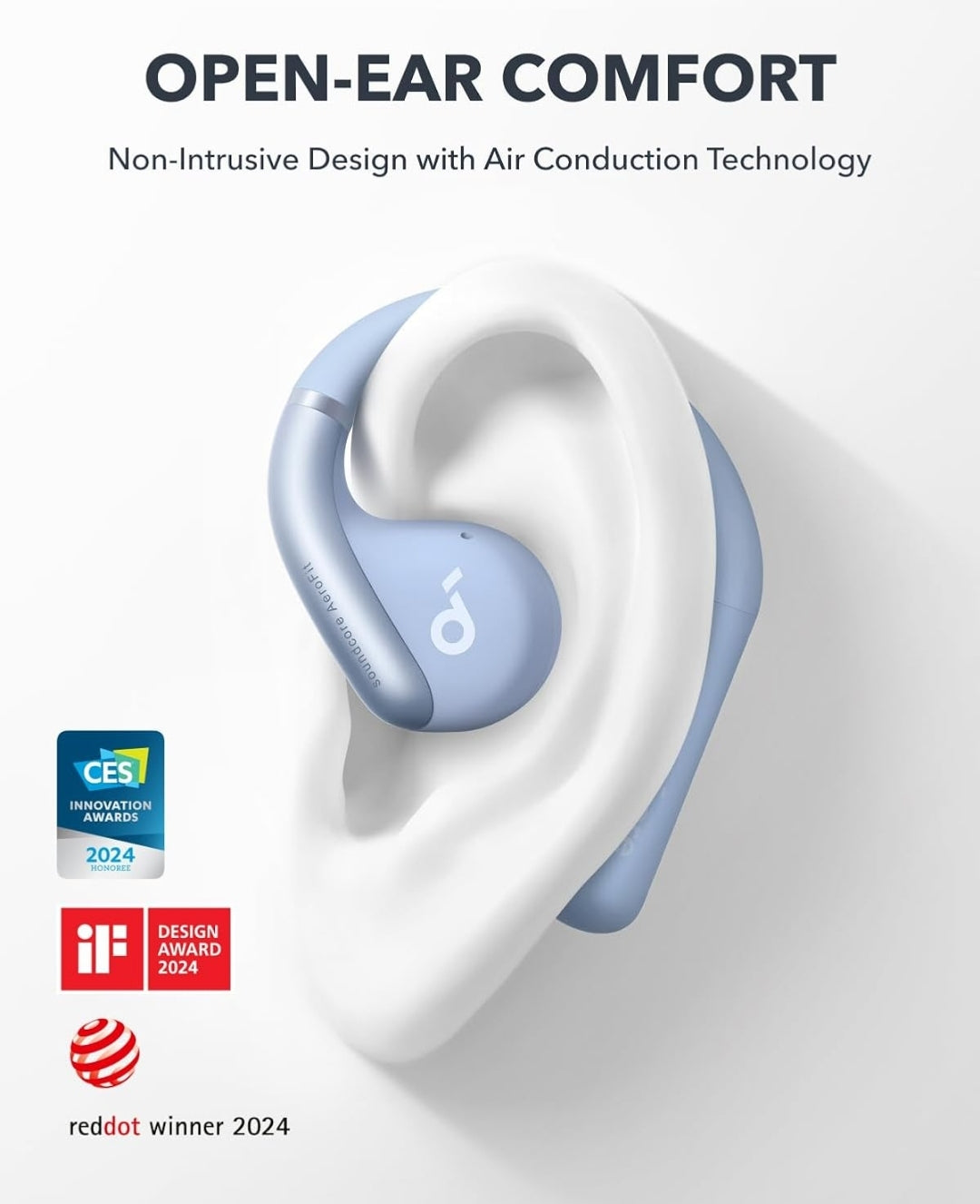 Soundcore by Anker, AeroFit Open-Ear Headphones, Ultra Comfort, Snug Fit, Ergonomic Ear Hook, Balanced Sound, IPX7 Waterproof, 42H Playtime,Small-Ear Friendly,App Control,Clear Calls,Wireless Earbuds