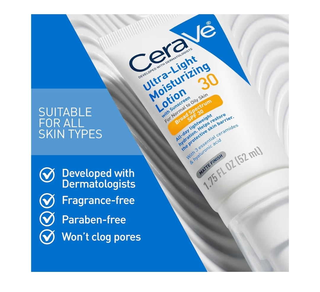 CeraVe Ultra-ligte Bevogtigende Lotio met SPF 30, Daaglikse Gesigbevogtiger geformuleer met Hialuronzuur & Seramiede - 1.7 oz