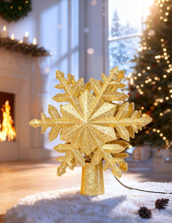 Christmas Tree Topper Lighted w/ 6 Projected Patterns, Led Rotating Magic Snowflake, 3D Hollow Glitter Lighted Decorations - (Gold)