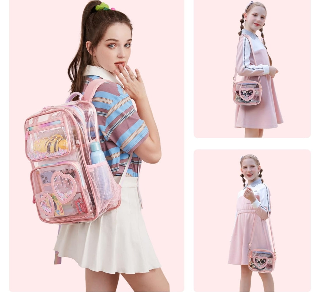 Girls Clear Backpack,2 PCS Large Backpacks Set,Heavy Duty Bookbag Stadium Approved Daypack Transparent Women Bag See Through Daypack for Kids Elementary Middle School Students Teens Sport Pink