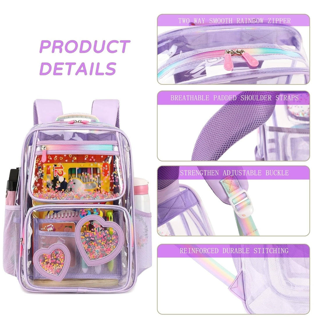 Clear Backpack for Girls Women Transparent Kids Elementary College School Bag Travel Laptop Backpacks Large Bookbags (Purple)