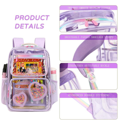 Clear Backpack for Girls Women Transparent Kids Elementary College School Bag Travel Laptop Backpacks Large Bookbags (Purple)