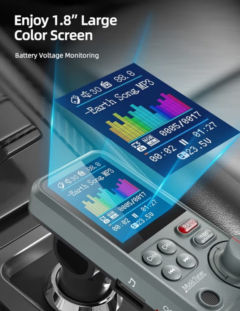 Bluetooth Transmitter Strong Microphone Car Adapter w/ 1.8" Color Screen for Hands-Free Calls, QC3.0 Charging - Grey