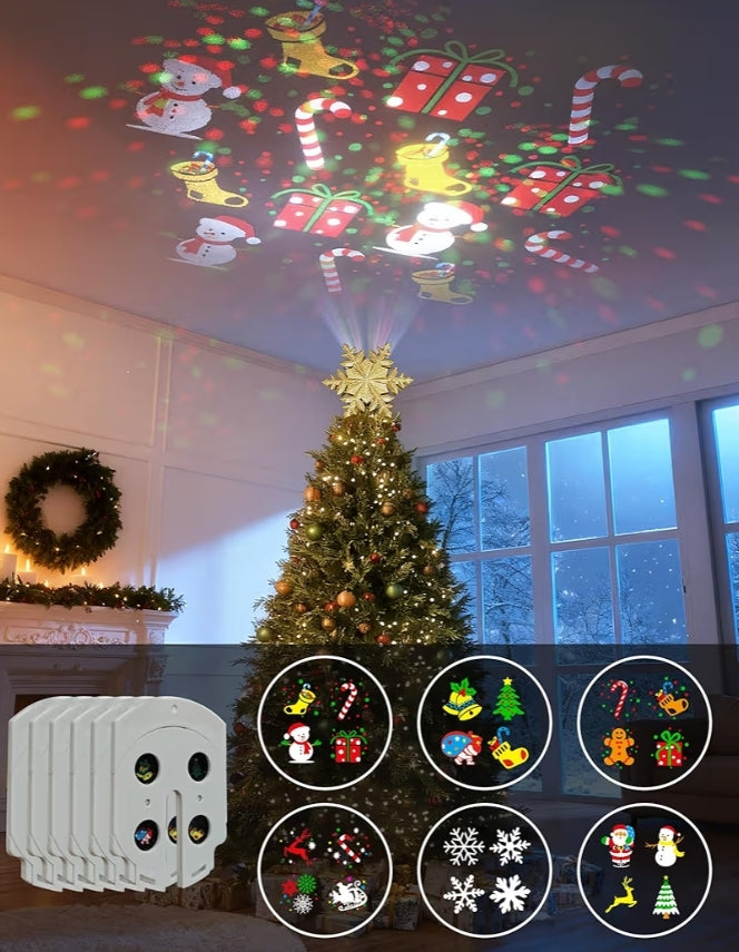 Christmas Tree Topper Lighted w/ 6 Projected Patterns, Led Rotating Magic Snowflake, 3D Hollow Glitter Lighted Decorations - (Gold)