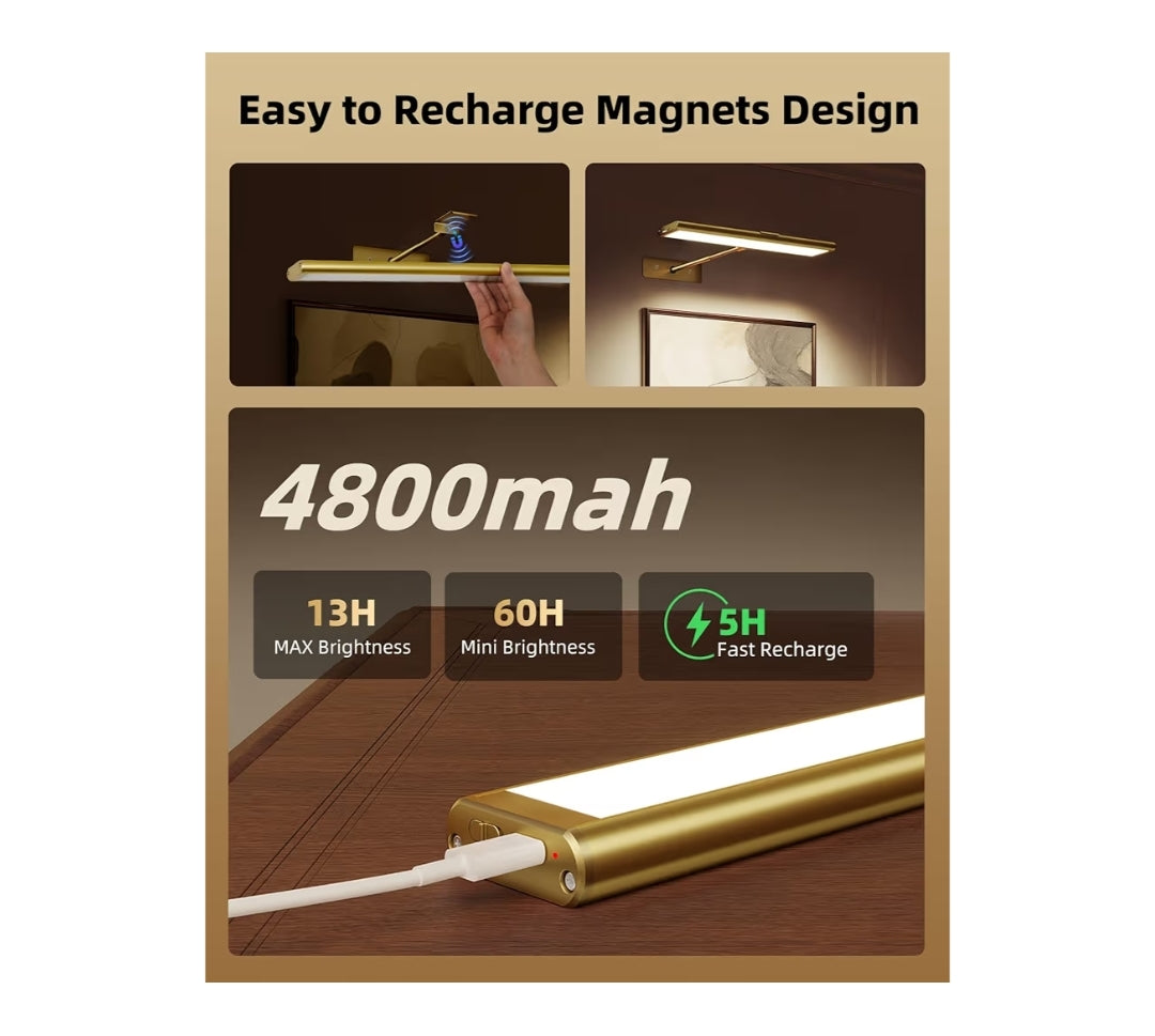 Prentbeligting vir Muur, 4800mAh Herlaaibare Koordlose Afstandbeheerligte, 16'' Dimbaar Magnetiese LED-Lig met 3 Kleurtemperature (Goud)