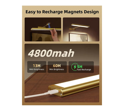 Prentbeligting vir Muur, 4800mAh Herlaaibare Koordlose Afstandbeheerligte, 16'' Dimbaar Magnetiese LED-Lig met 3 Kleurtemperature (Goud)
