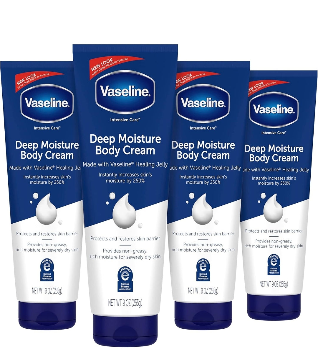 Vaseline Intensive Care Body Cream Deep Moisture 4 pk with Healing Petroleum Jelly & Vitamin E Rich & Smooth for Dry Skin 9 oz