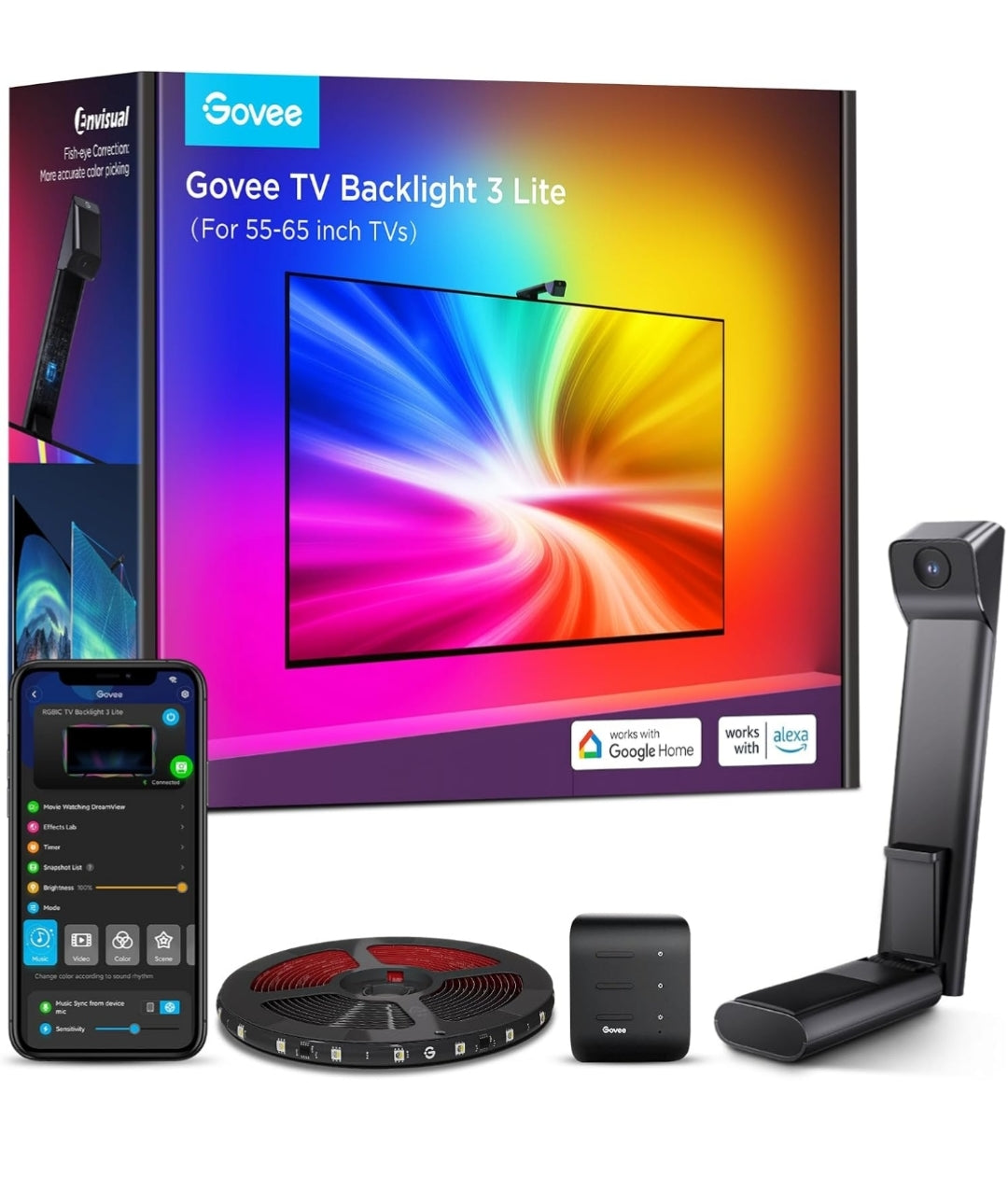 Govee TV Backlight 3 Lite with Fish-Eye Correction Function Sync to 55-65 Inch TVs, 11.8ft RGBICW Wi-Fi LED Strip Lights with Camera, 4 Colors in 1 Lamp Bead, Voice and APP Control, Adapter