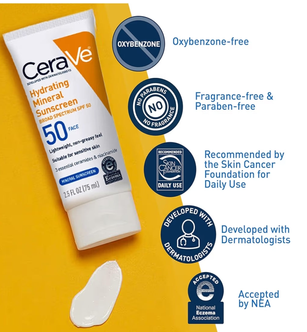 CeraVe 100% Minerale Sonbrandroom SPF 50, Gesigsonbrandroom met Sinksoksied en Titaandioksied, Hialuronzuur + Niasienamied Reisgrootte (2.5 oz)