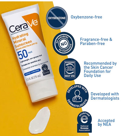 CeraVe 100% Minerale Sonbrandroom SPF 50, Gesigsonbrandroom met Sinksoksied en Titaandioksied, Hialuronzuur + Niasienamied Reisgrootte (2.5 oz)