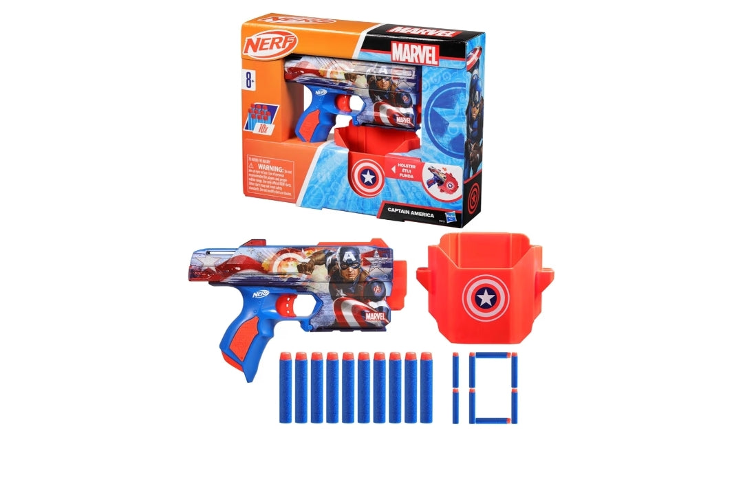 Nerf Marvel Captain America Dart Blaster, 10 Elite Darts, Holster, Toy Foam Blasters for 8 Year Old Boys & Girls & Up