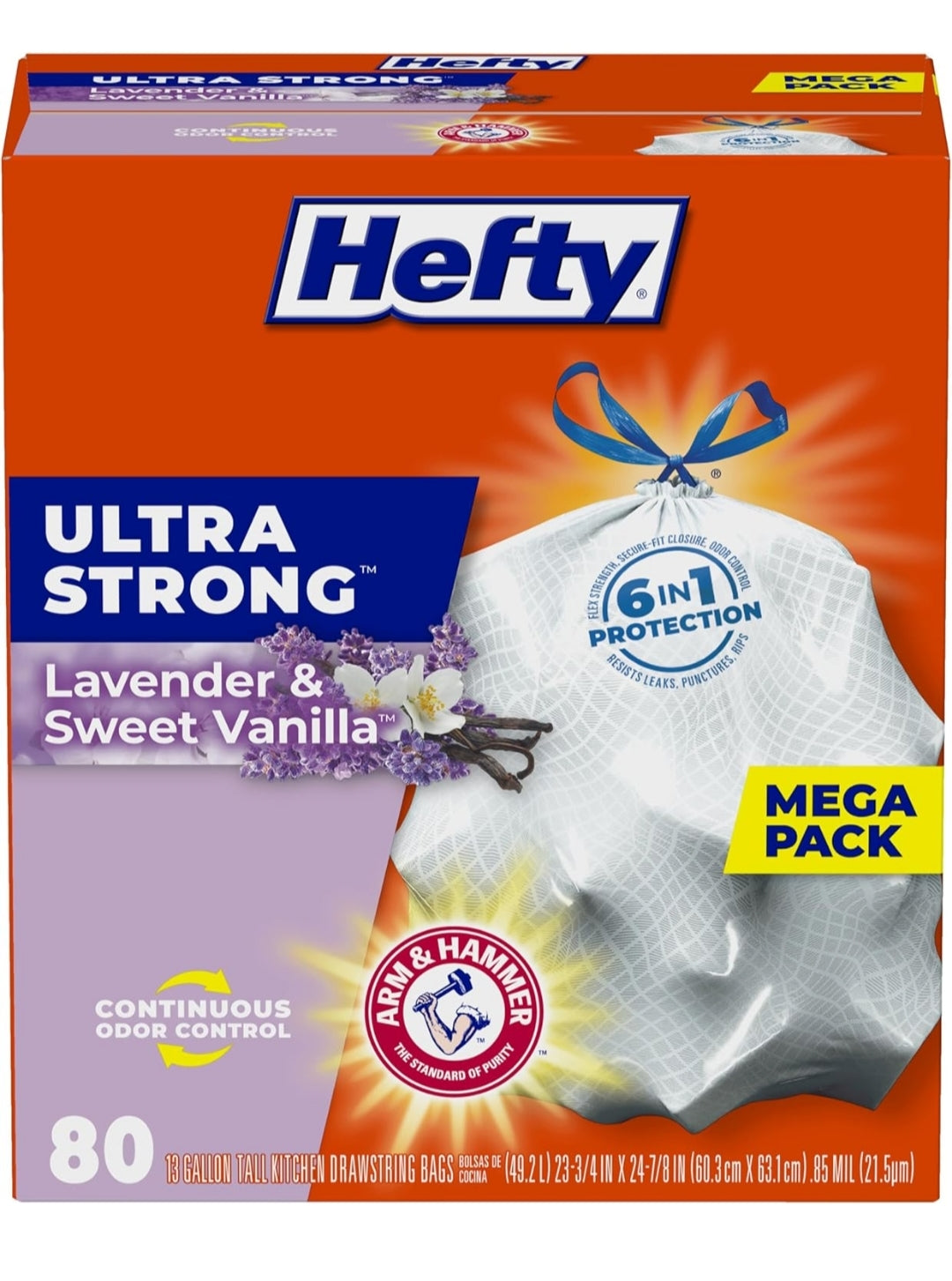 Hefty Ultra Strong Tall Kitchen Trash Bags, Lavender & Sweet Vanilla Scent - 13 Gallon (80CT)