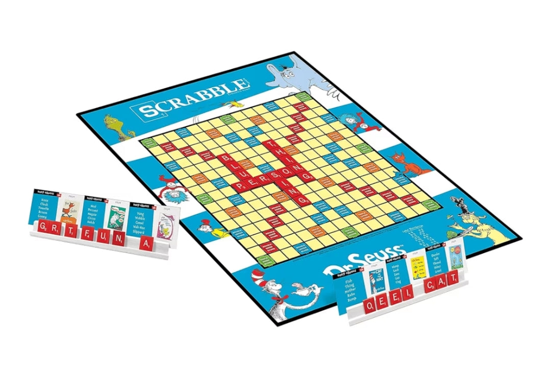 Scrabble Dr. Seuss Board Game | Official Scrabble Game with a Rhyming Twist | Custom Dr. Seuss Cards and Themed Scrabble Board | Bonus Points | Play Traditional Rules Plus New Features