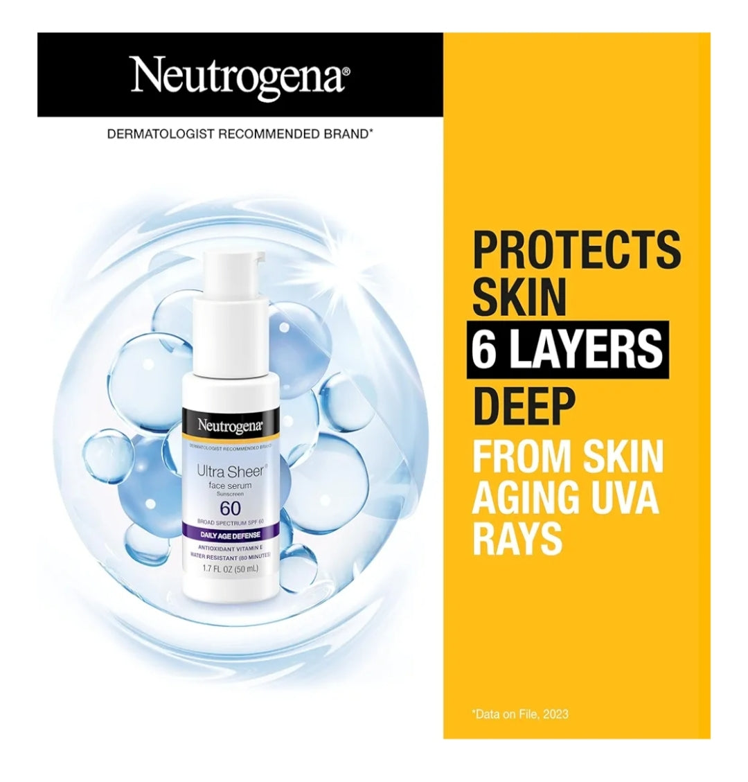 Neutrogena Ultra Sheer Gesigsonbrandroom met Vitamien E & SPF 60 UVA/UVB-beskerming Geurvry Waterbestand - 1.7 Fl Oz