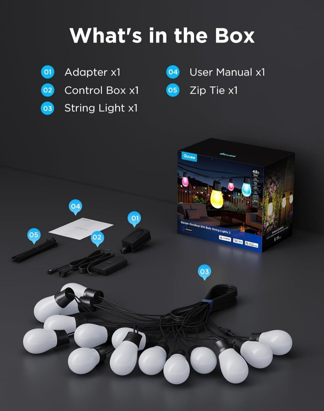 Govee Outdoor S14 Bulb String Lights 2, 48ft Smart RGBIC Warm White Patio Lights with 15 LED Bulbs, 111 Scene Modes for Outdoor Decor, Works with Alexa, Google, Matter, APP Control, IP66 Waterproof