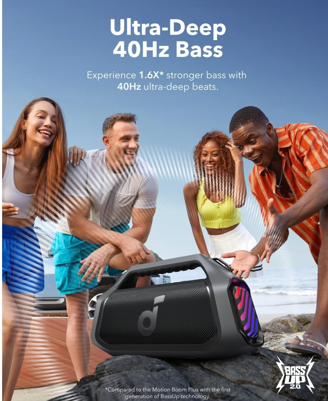 Soundcore Boom 2 Plus By Anker, Outdoor Speaker, 140W, 2+2 Channel, BassUp 2.0, 20H Playtime, Fast Charge, IPX7 Waterproof, RGB Lights, Power Bank, Bluetooth 5.3, Portable for Outdoors, Camping, Beach