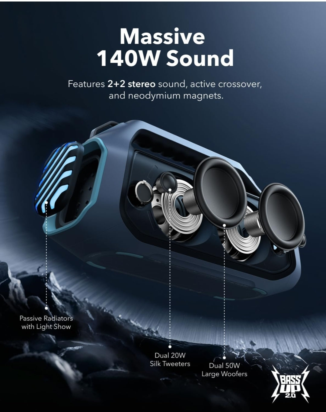 Soundcore Boom 2 Plus By Anker, Outdoor Speaker, 140W, 2+2 Channel, BassUp 2.0, 20H Playtime, Fast Charge, IPX7 Waterproof, RGB Lights, Power Bank, Bluetooth 5.3, Portable for Outdoors, Camping, Beach