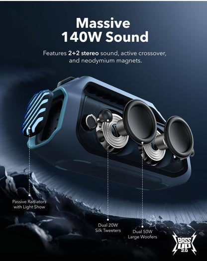Soundcore Boom 2 Plus By Anker, Outdoor Speaker, 140W, 2+2 Channel, BassUp 2.0, 20H Playtime, Fast Charge, IPX7 Waterproof, RGB Lights, Power Bank, Bluetooth 5.3, Portable for Outdoors, Camping, Beach