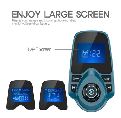 Bluetooth Kar FM Sender Oudio Adapter Ontvanger Koordloos Handsfree Voltmeter Karstel TF Kaart AUX 1.44 Skerm – Poutjie Blou