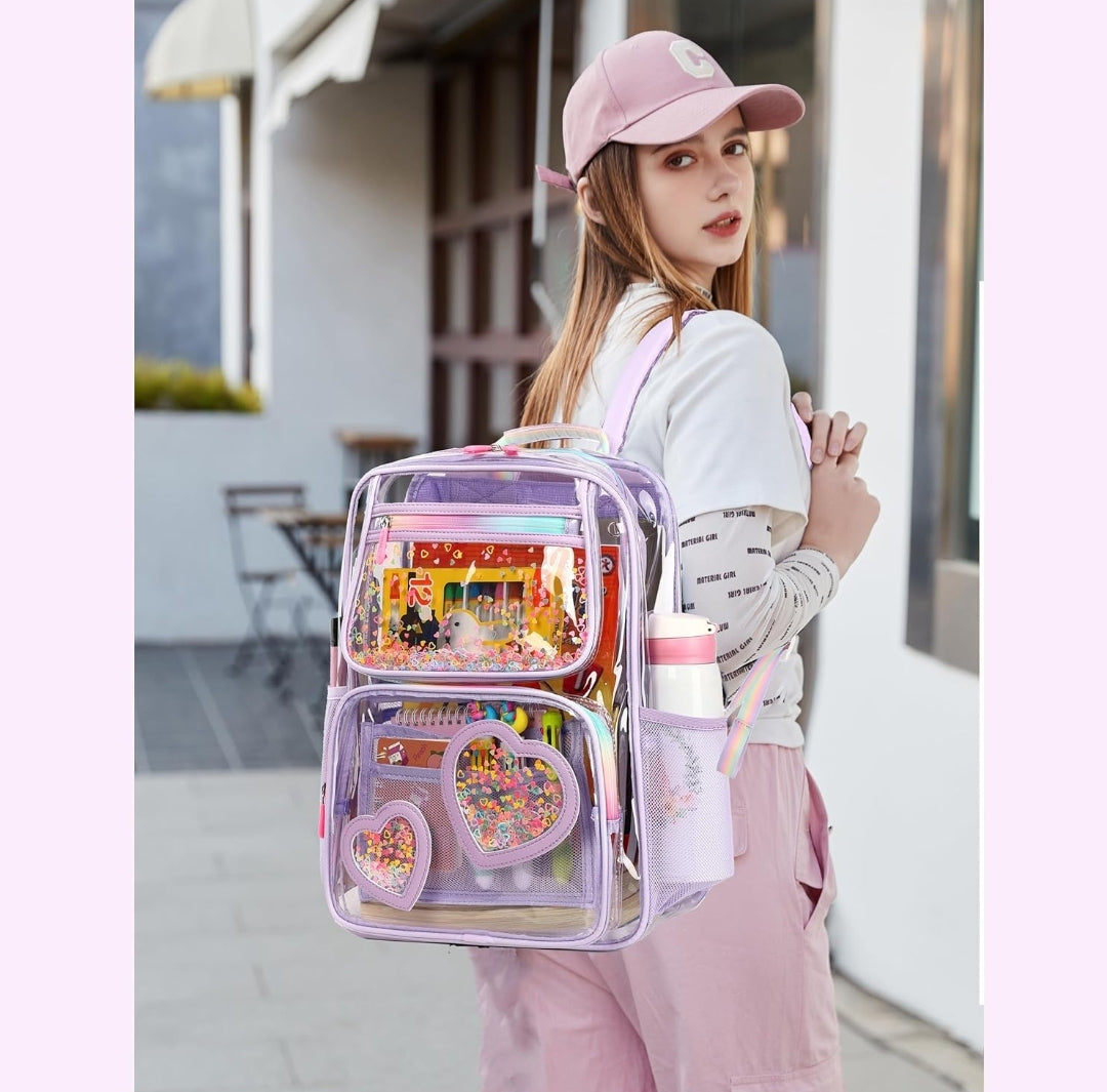 Clear Backpack for Girls Women Transparent Kids Elementary College School Bag Travel Laptop Backpacks Large Bookbags (Purple)