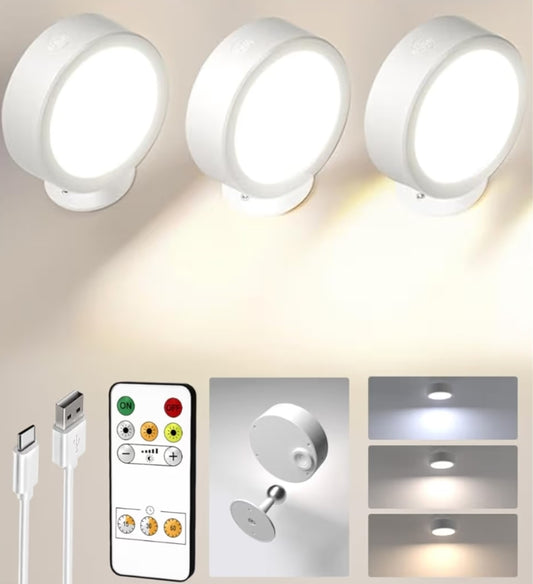 LED Wall Mounted Lights, 5500mAh Rechargeable Lamp Temps & Remote and Touch Control, 360°Rotation Dimmable Cordless (3 PK White)