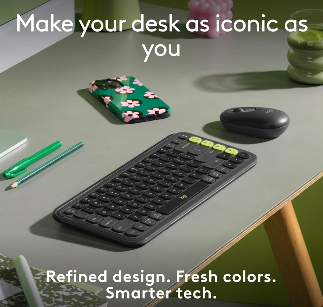 Logitech POP ICON Keys Wireless Bluetooth Keyboard, Comfortable Typing, Programmable Keys, Easy-Switch Between up to 3 Devices, for Laptop, Tablet, PC – Graphite and Green
