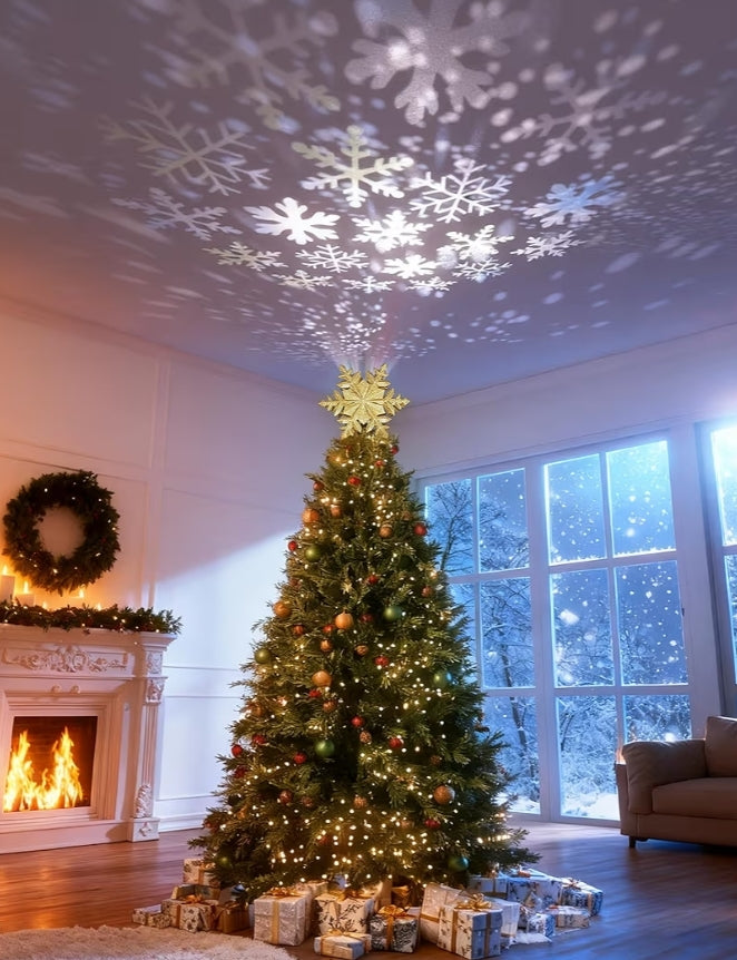 Kersboomtoppuntlig met Goue Sneeuvlokkieprojektor, LED Roterend, 3D Hol Glitsprojeksieversierings