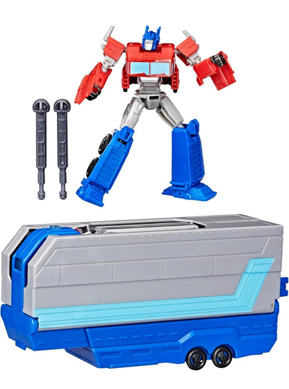 TRANSFORMERS EarthSpark Optimus Prime Battle Trailer Playset with Action Figure, Lights and Sounds, Electronic Truck Toys for Kids 6 and Up