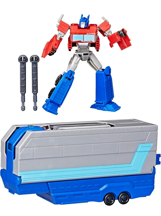 TRANSFORMERS EarthSpark Optimus Prime Battle Trailer-speelstel met aksiefiguur, ligte en klanke, elektroniese trokspeelgoed vir kinders 6 jaar en ouer