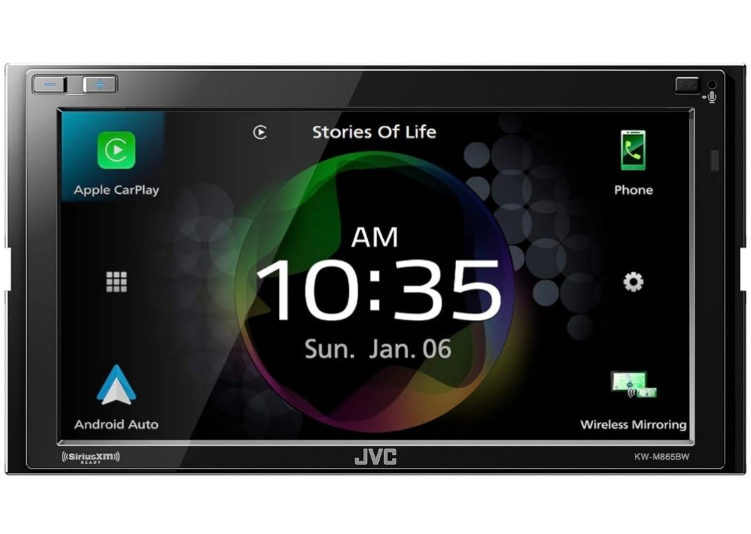 JVC KW-M865BW Ingeboude Wi-Fi vir Draadlose CarPlay Android Auto, 6.8" LCD-raakskerm, AM/FM, Bluetooth, MP3-speler, USB-poort, Dubbel-DIN, 13-band EQ, SiriusXM Motorradio