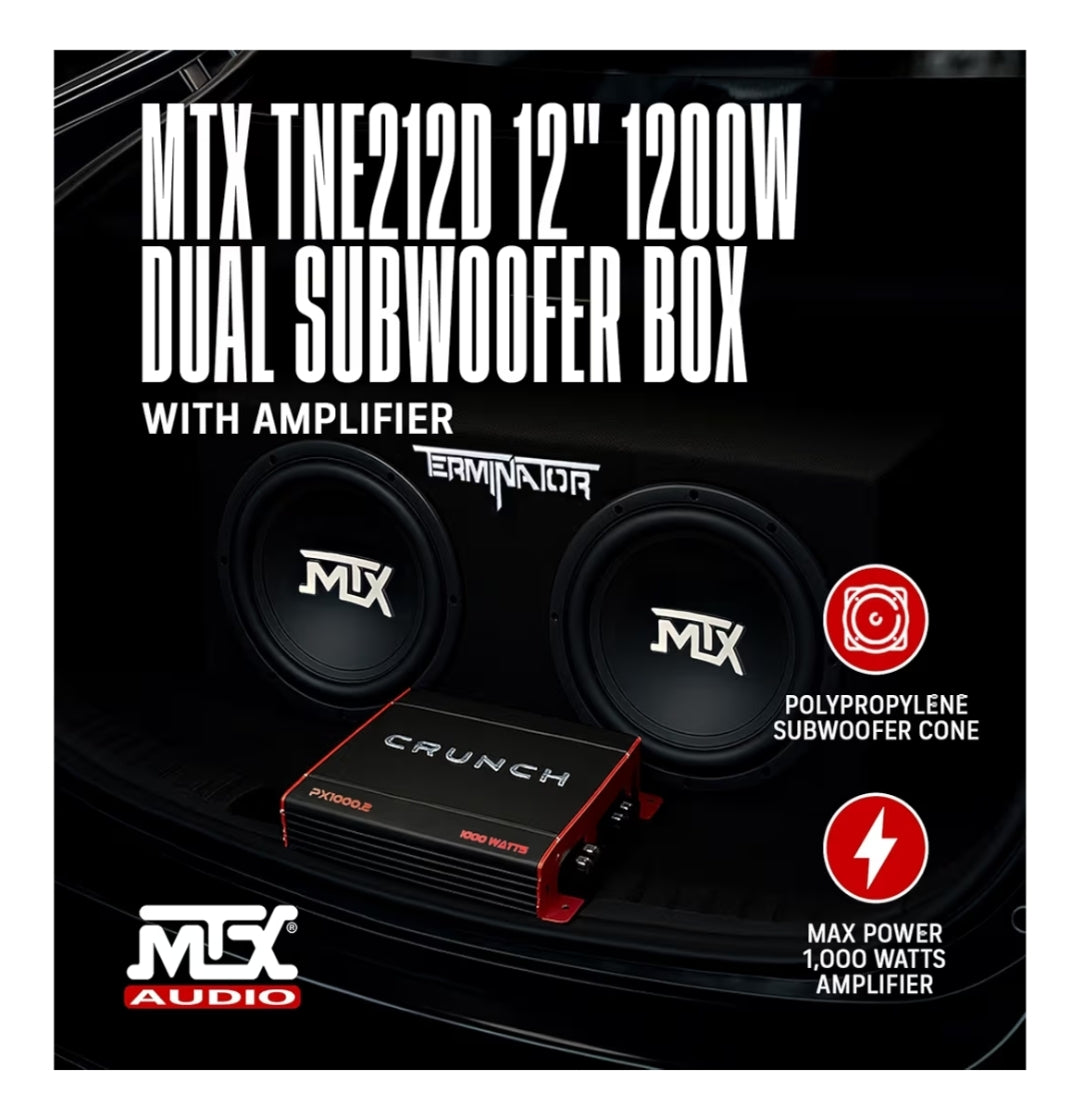 2 Kanaal 1000 Watt Amp Motor Oudio Stereo Versterker en MTX 12 Duim 1200 Watt Motor Oudio Dubbelgelaaide Subwoofer Boks Omhulsel (2 Pak)