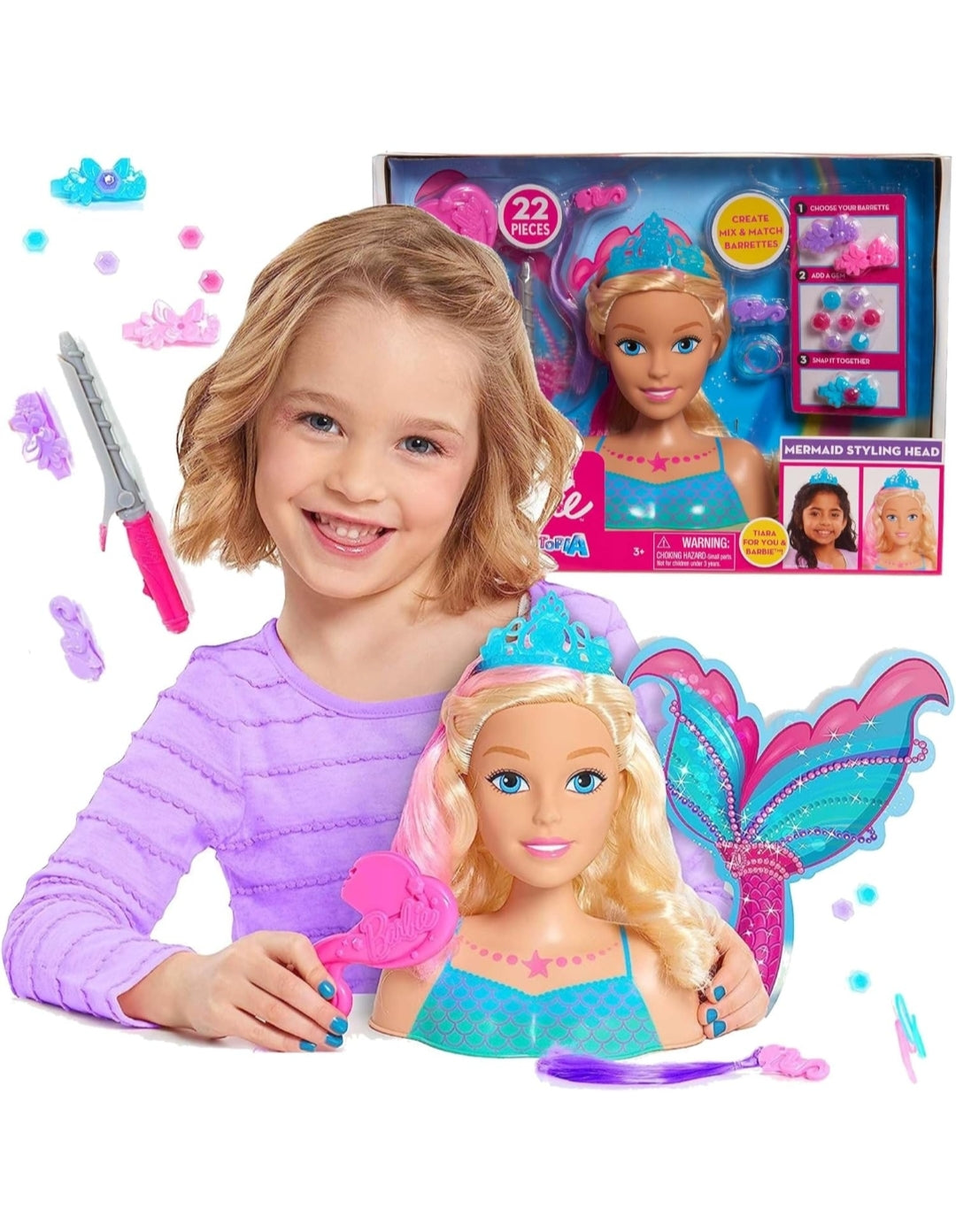 Barbie Dreamtopia Mermaid Styling Head, 22 pieces, Kids Toys for Ages 3 Up by Just Play