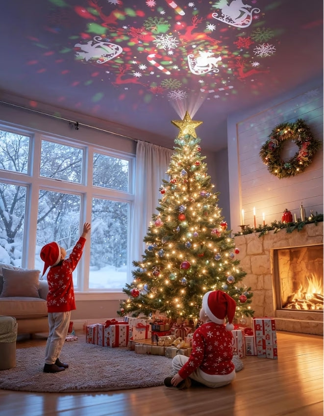 Kersboomtopligte Ster met 6 Geprojekteerde Patrone, 3D Hol met Roterende Magiese Projektor vir Kersboomornament - (Goud)
