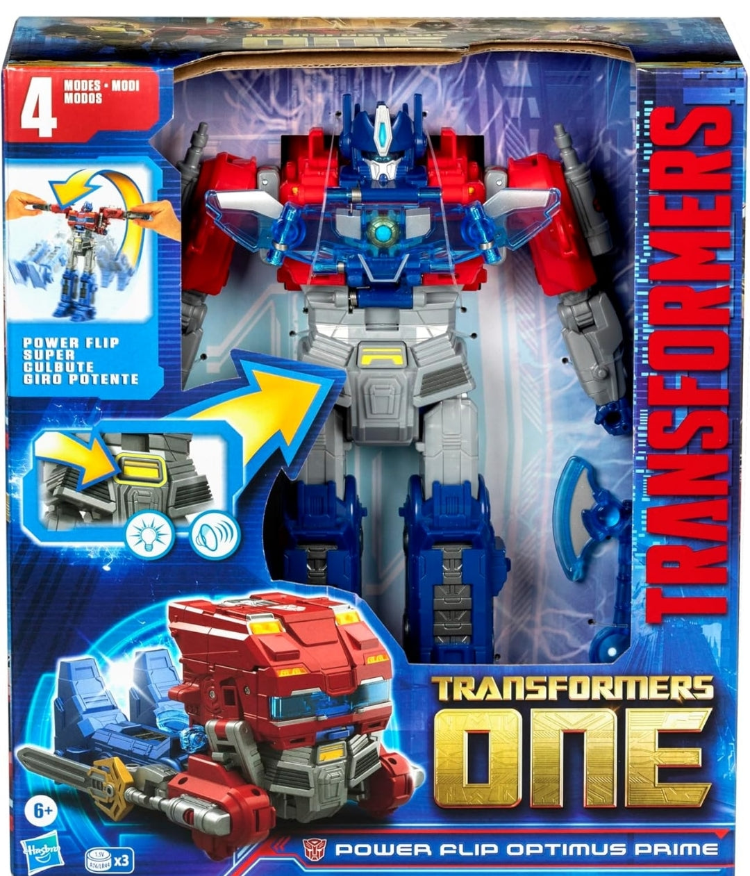 Transformers One Movie Power Flip Optimus Prime (Orion Pax) Converting Action Figure, 4 Modes, 10-inch Interactive Electronic Toy, Lights & Sounds, 6+