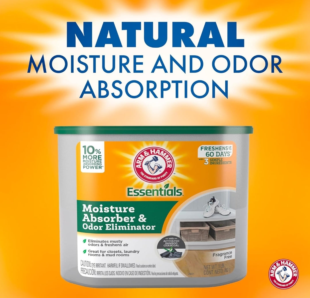 Arm & Hammer Essentials Disposable Moisture Absorber and Odor Eliminator Tub, Fragrance Free, 1 lb. (Pack of 3)