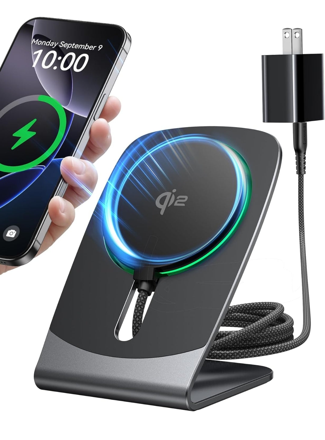 INIU Magnetic Wireless Charger Stand, Qi2 Certified 15W Mag-Safe Wireless Charging Pad with Cooling Fan, Fast Charging Pad for iPhone 16 15 14 13 12 Series AirPods 4 3 2 Pro (with Adapter)