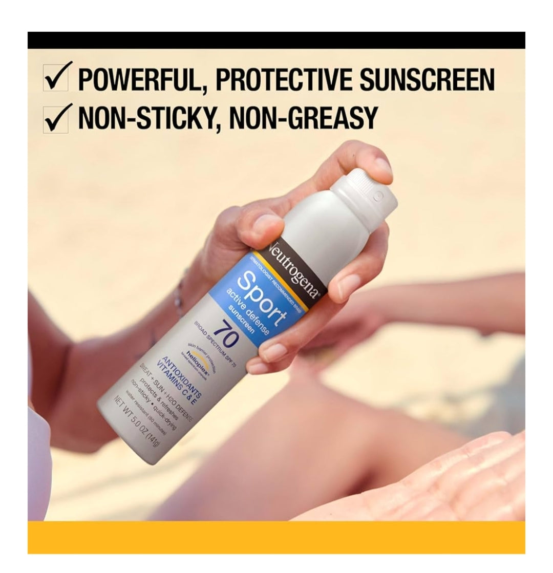Neutrogena Sport Active Defense SPF 70 Sonbeskermingssproei, Sweet- en Waterbestand Oksibensoonvry, Dubbelpak (5 oz)