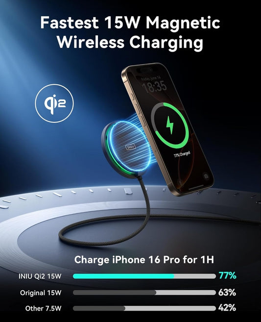 INIU Magnetiese Draadlose Laaier, Qi2 Gesertifiseerde 15W Vinnige Draadlose Laaiplak met Verkoelerwaaier, vir iPhone 16 15 14 13 12 Reeks, AirPods, en Meer (Adapter Ingesluit)