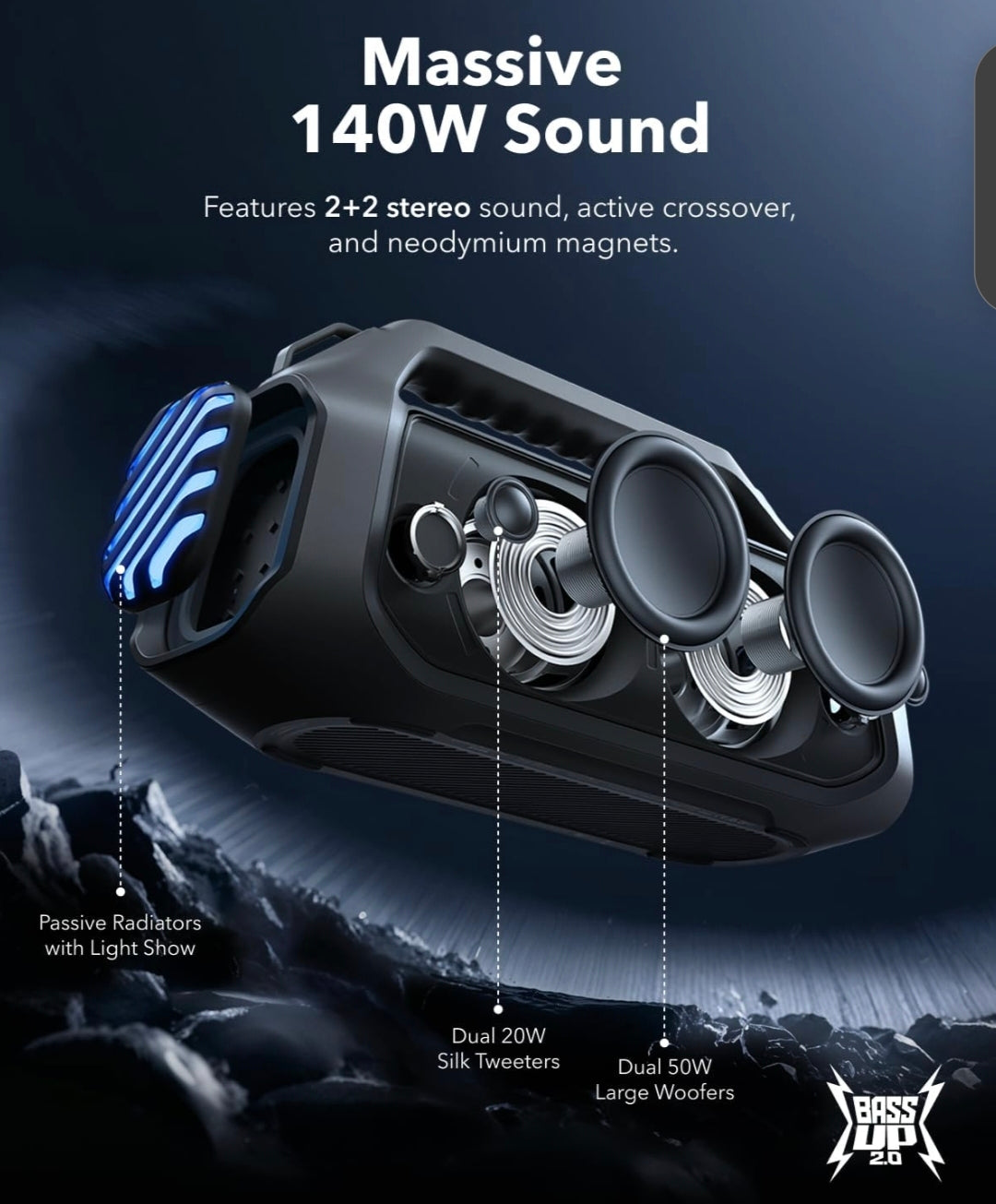 Soundcore Boom 2 Plus By Anker, Outdoor Speaker, 140W, 2+2 Channel, BassUp 2.0, 20H Playtime, Fast Charge, IPX7 Waterproof, RGB Lights, Power Bank, Bluetooth 5.3, Portable for Outdoors, Camping, Beach