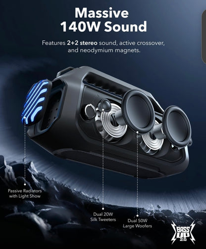 Soundcore Boom 2 Plus By Anker, Outdoor Speaker, 140W, 2+2 Channel, BassUp 2.0, 20H Playtime, Fast Charge, IPX7 Waterproof, RGB Lights, Power Bank, Bluetooth 5.3, Portable for Outdoors, Camping, Beach