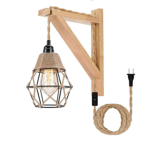 Muurlamp met Propkoord – Hanglampe wat in Muurprop Inprop, Rustieke Muurgemonteerde Lamp met Houthakbeugel en Skakelkoord