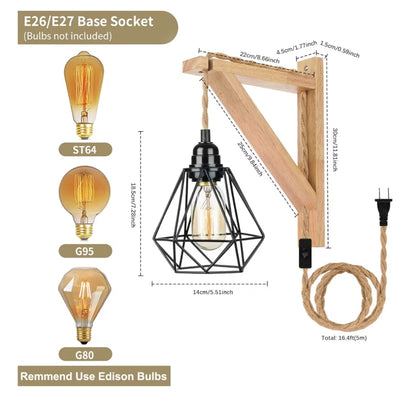 Hangs lampe wat in 'n muurprop inprop met 'n propkoord Rustieke muurgemonteerde lamp met houtrakbeugel en skakelaar