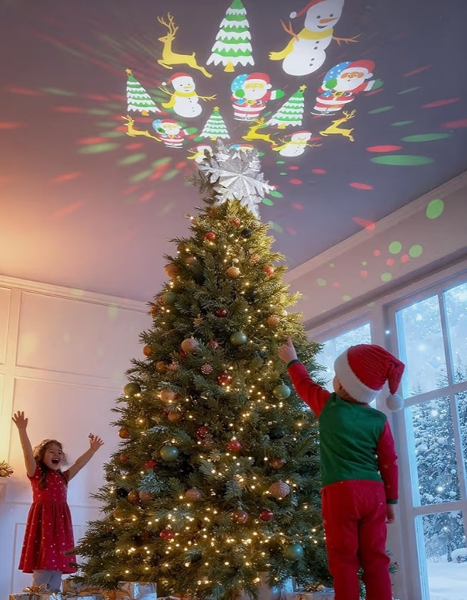 Kersboom Toppunt Verligting m/ 6 Geprojekteerde Patrone, Led Roterende Magiese Sneeuvlok, 3D Hol Glitters Verligte Versierings - (Silwer)