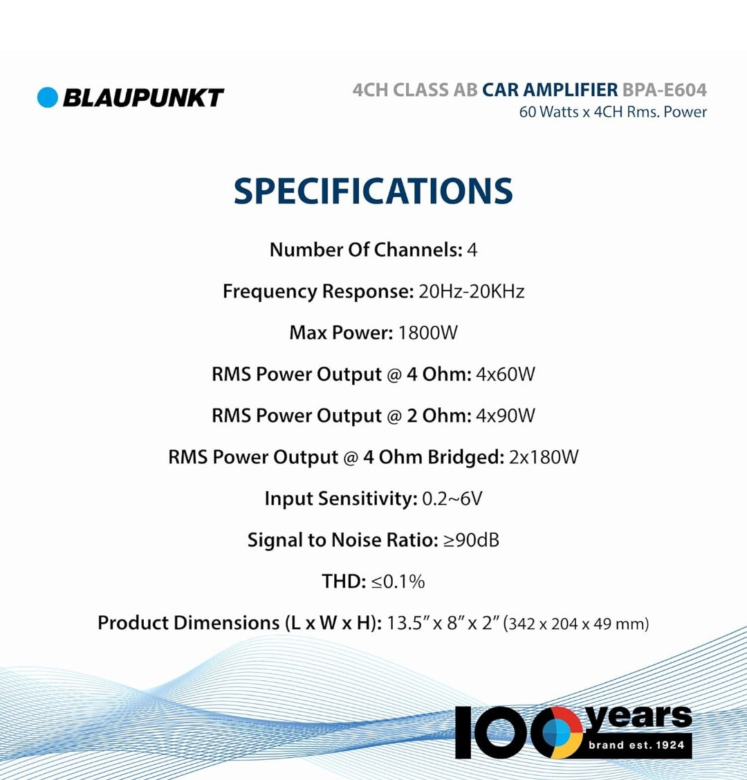 BLAUPUNKT BPA-E604 4-Channel Class AB Car Amplifier - 1800W Max Power, Bridged 360W RMS - Compact Design for Superior Sound Clarity