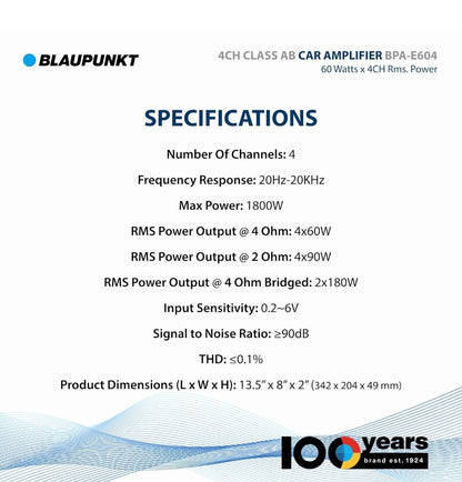 BLAUPUNKT BPA-E604 4-Channel Class AB Car Amplifier - 1800W Max Power, Bridged 360W RMS - Compact Design for Superior Sound Clarity