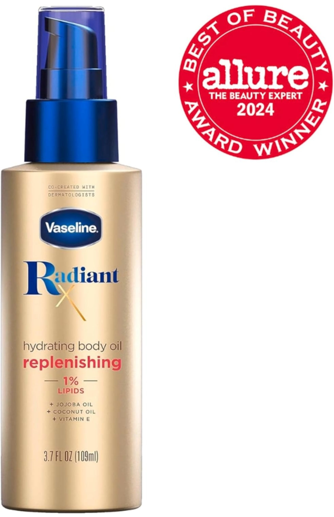 Vaseline Radiant X Replenishing and Hydrating Body Oil with 1% Lipids, Jojoba Oil, Coconut Oil, & Vitamin E 3.7 oz