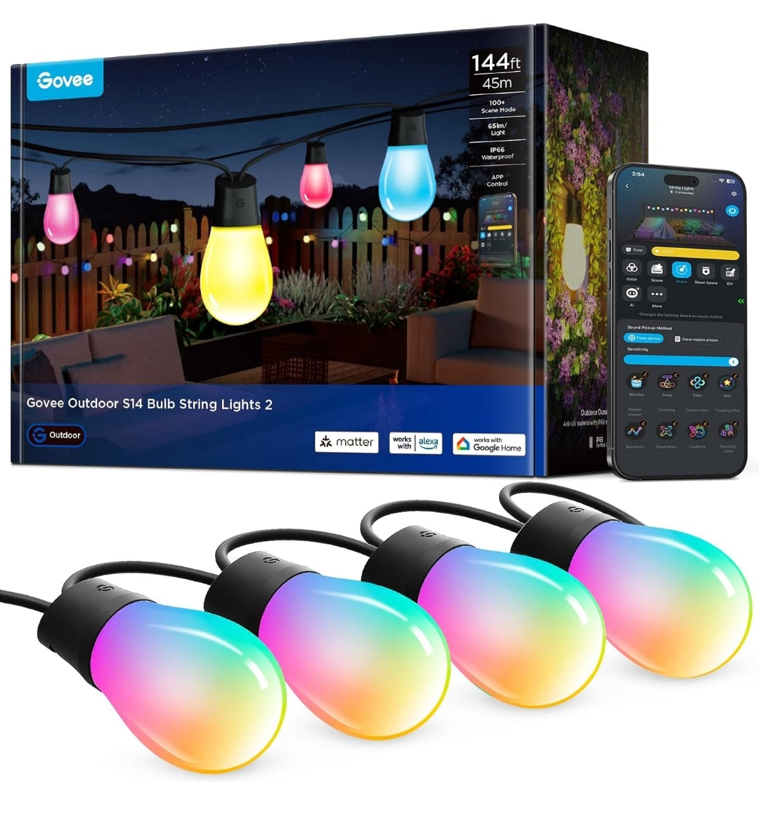 Govee Outdoor S14 Bulb String Lights 2, 144ft Smart RGBIC Warm White Patio Lights with 45 LED Bulbs, 111 Scene Modes for Outdoor Decor, Works with Alexa, Google, Matter, APP Control, IP66 Waterproof